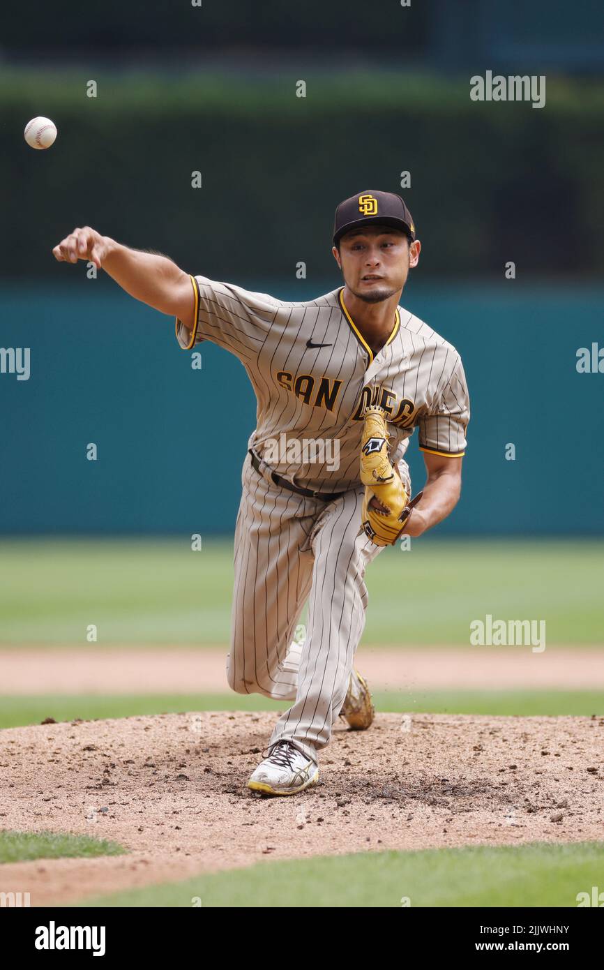 DETROIT, MI - 27. JULI: San Diego Padres startet den Pitcher Yu Darvish (11), der am 27. Juli 2022 im Comerica Park in Detroit, Michigan, gegen die Detroit Tigers antritt. (Foto: Joe Robbins/Image of Sport) Stockfoto