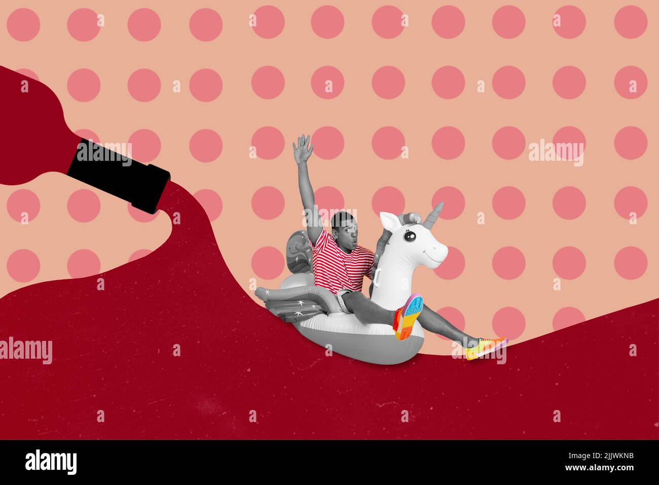 Kreative abstrakte Vorlage Grafik Bild von lustigen funky Kerl Reiten Einhorn Matras Rotwein Fluss isoliert Zeichnung Hintergrund Stockfoto