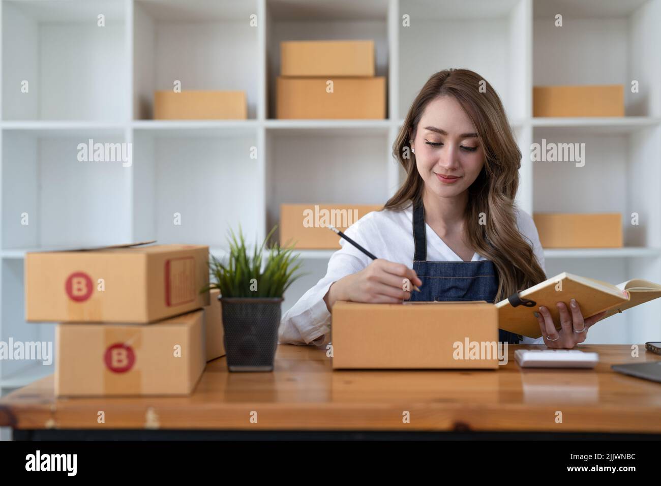 Erfolgreiche Frau Unternehmerin mit Paketboxen Online-Shopping-Geschäft zu Hause Stockfoto