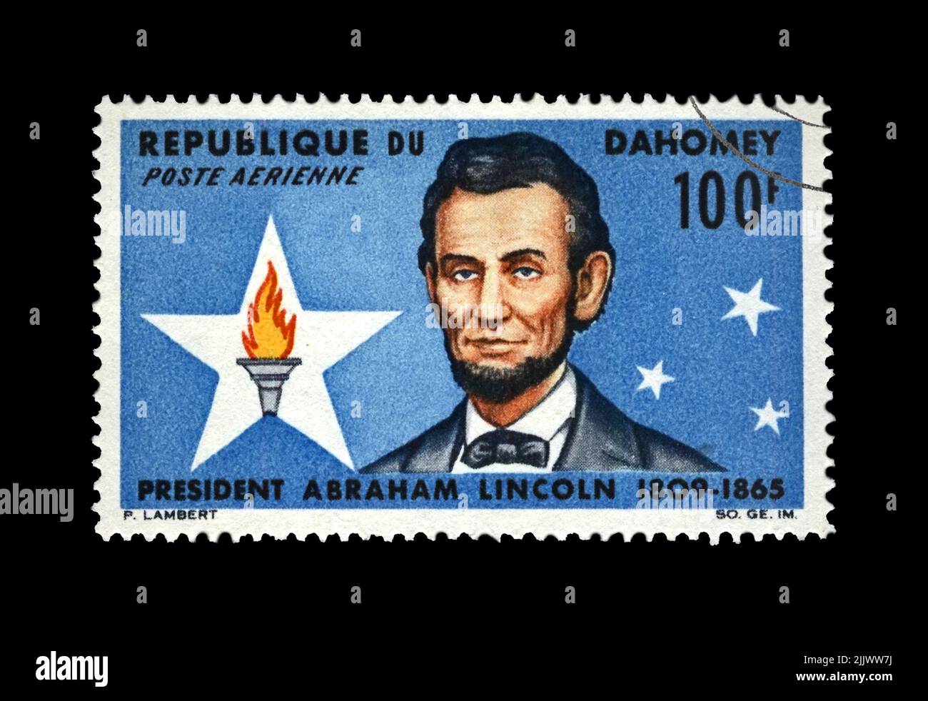 Abraham Lincoln (1809-1865), Präsident, 100. Todestag, um 1965. Vintage-Briefmarke gedruckt in Dahomey isoliert auf schwarzem Hintergrund. Stockfoto
