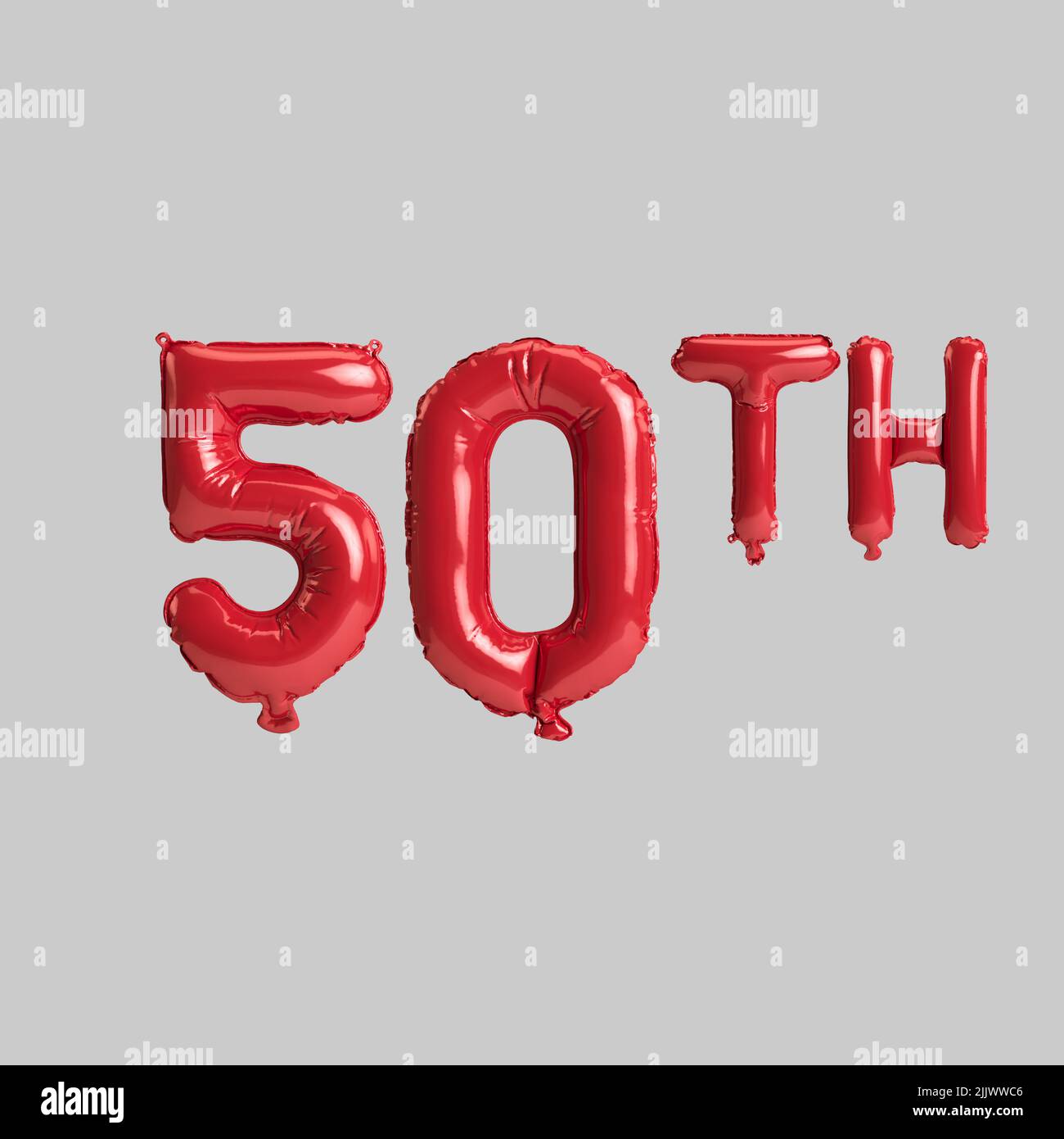 3D Abbildung von 50. roten Ballons isoliert auf weißem Hintergrund Stockfoto