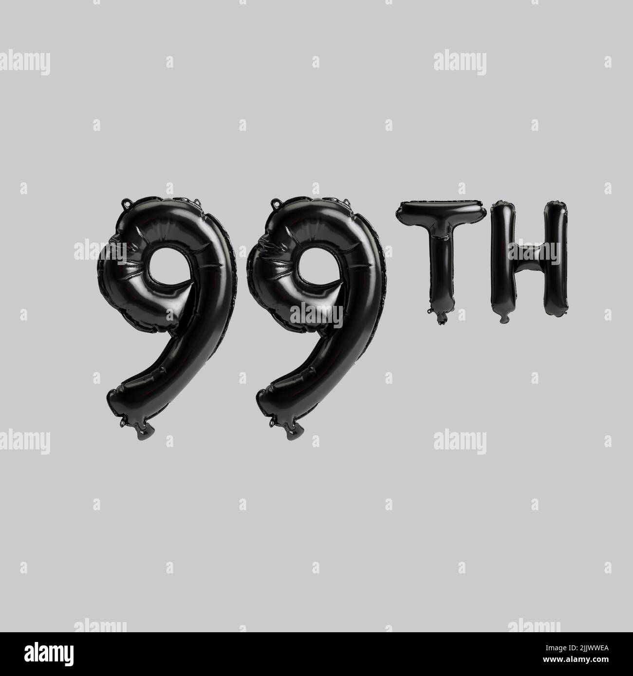 3D Abbildung von 99. schwarzen Ballons isoliert auf weißem Hintergrund Stockfoto