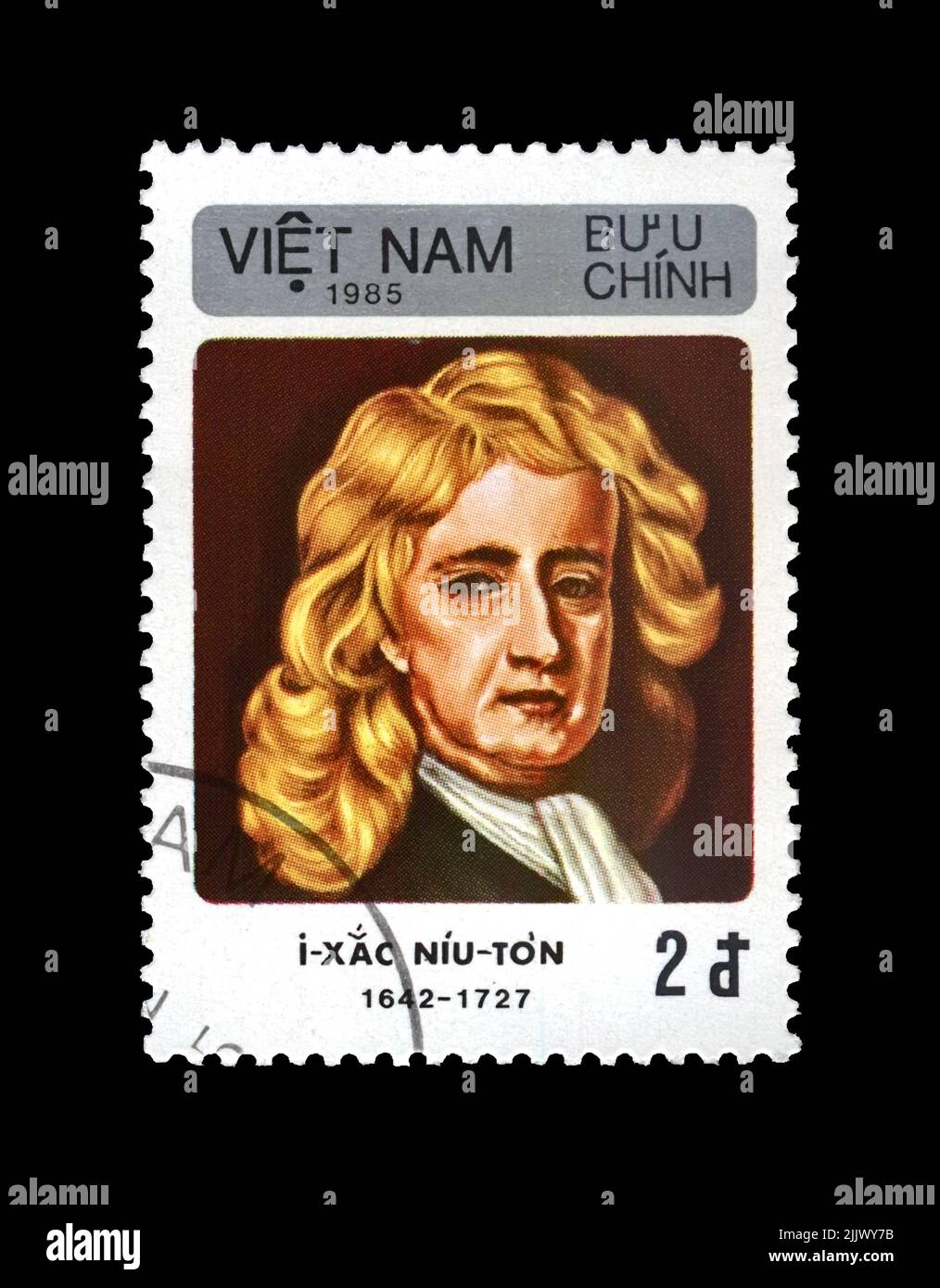 Isaac Newton (1642-1727), berühmter Wissenschaftler, Forscher, Mathematiker, Astronom, Beobachter, um 1985. Vintage Poststempel von Vietnam isoliert Stockfoto