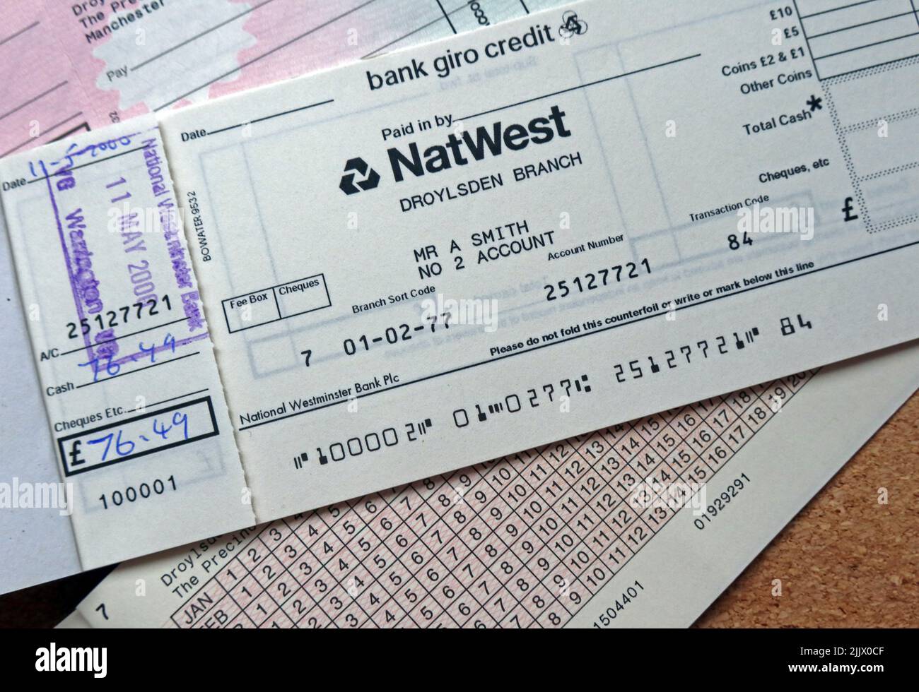NatWest Schecks, Einzahlungen in Scheine, Bankgeschichte Stockfoto