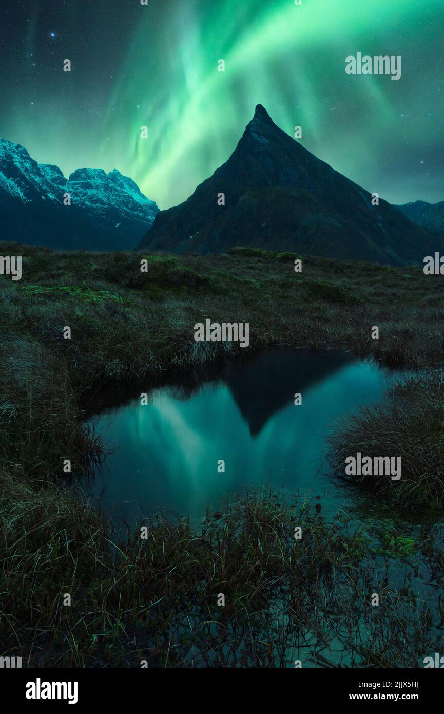 Runder See, umgeben von Gras, in der Nähe von hohen, rauhen, mit Schnee bedeckten Felsklippen, gelegen unter hellen aurora Borealis Lichtern auf der Lofoten Insel Stockfoto