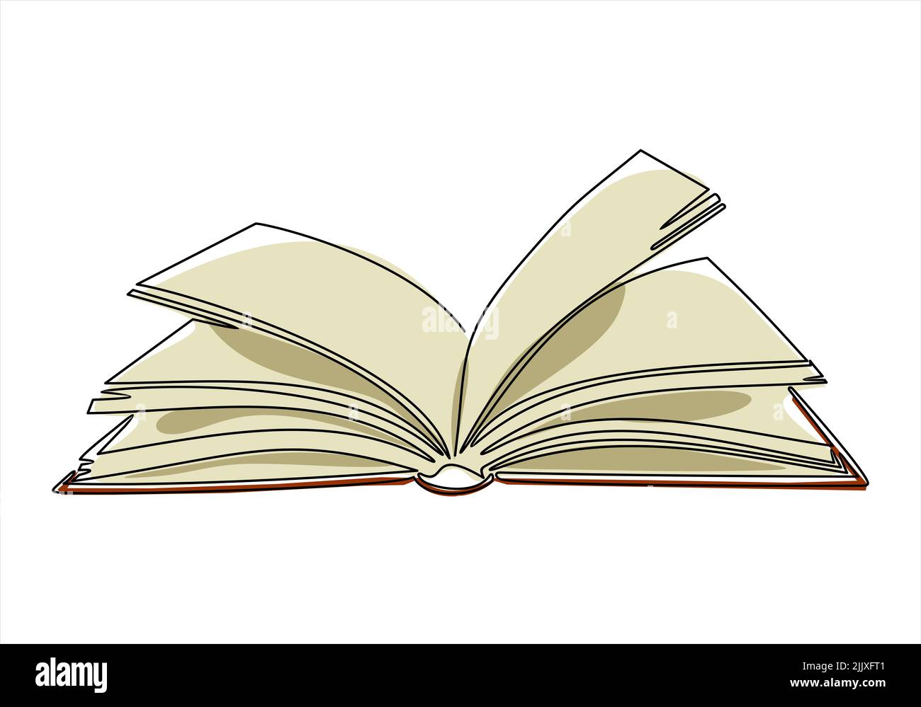 Fortlaufende einzeilige Zeichnung eines offenen Buches mit fliegenden Seiten. Vektor-Illustration von Schulmaterial. Stockfoto