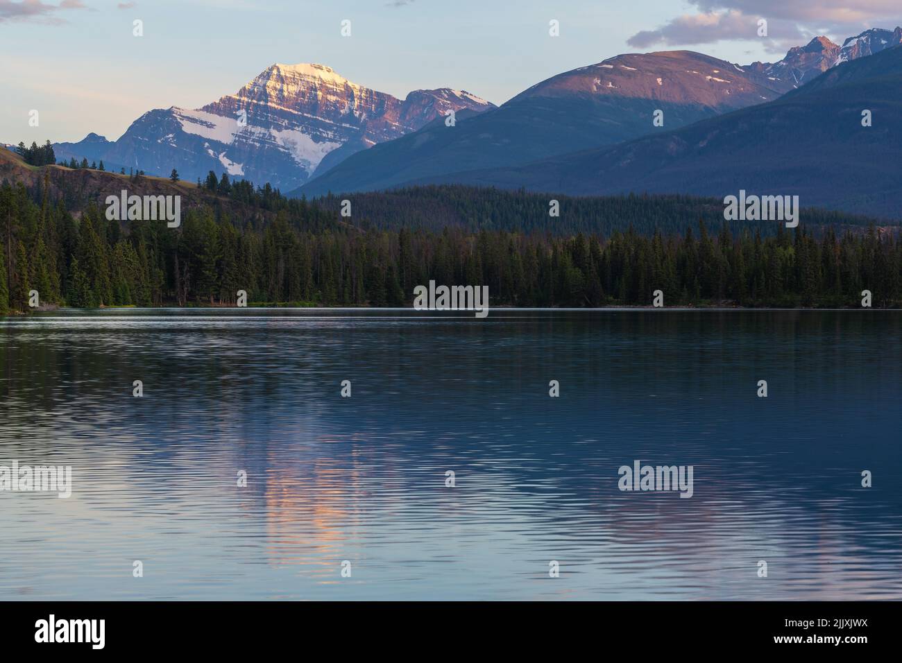 Edith Cavell Höhepunkt Reflexion im Beauvert Lake bei Sonnenuntergang, Jasper Nationalpark, Alberta, Kanada. Stockfoto
