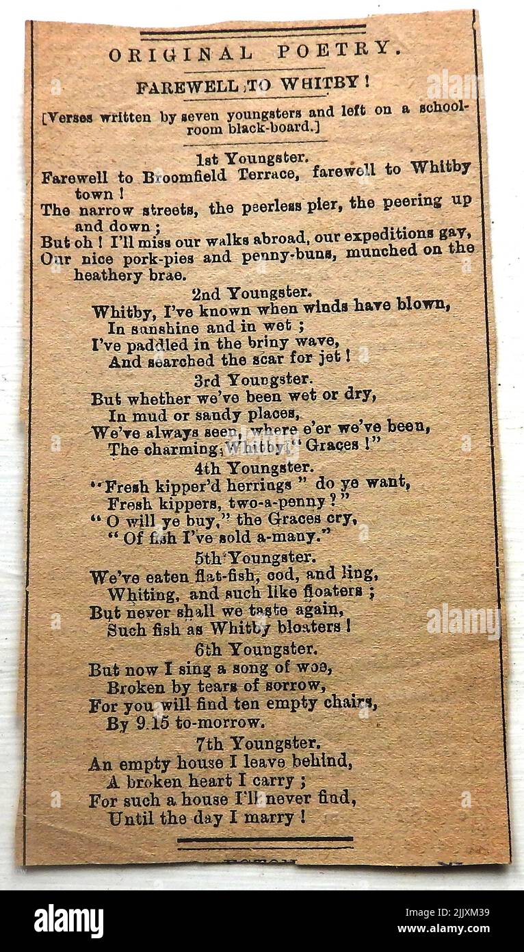 1883 Zeitungsausschnitte - Gedicht, 'Farewell to Whitby' (Yorkshire), gefunden, geschrieben auf einer Schulschultafel von verstorbenen Schülern, die einen Einblick in das Leben in einem kleinen privaten Internat in Broomfield Terrace (Bagdale) in der Stadt geben. Stockfoto