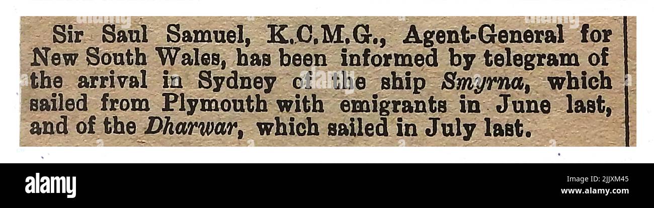 1883 Zeitungsschnitt - Auswanderung nach Australien - Sir Saul Samuel, Agent General in Sydney, berichtet über die Ankunft der Emigrantenschiffe Smyrna aus Plymouth und dem Dharwar. Stockfoto
