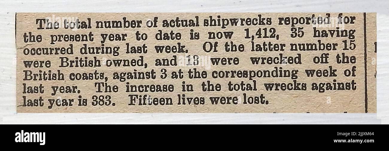 Zeitungsausschnitte 1883 - jährlicher Bericht über Schiffe in britischem Besitz, die an Schiffswracks beteiligt waren und an der britischen Küste ums Leben kamen Stockfoto