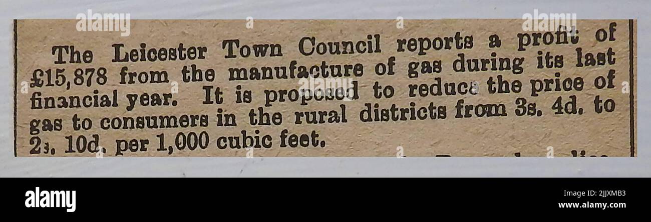 1883 Zeitungsschnitt -Leicester Gasversorgung und Preise zu diesem Zeitpunkt (Reduktion) Stockfoto