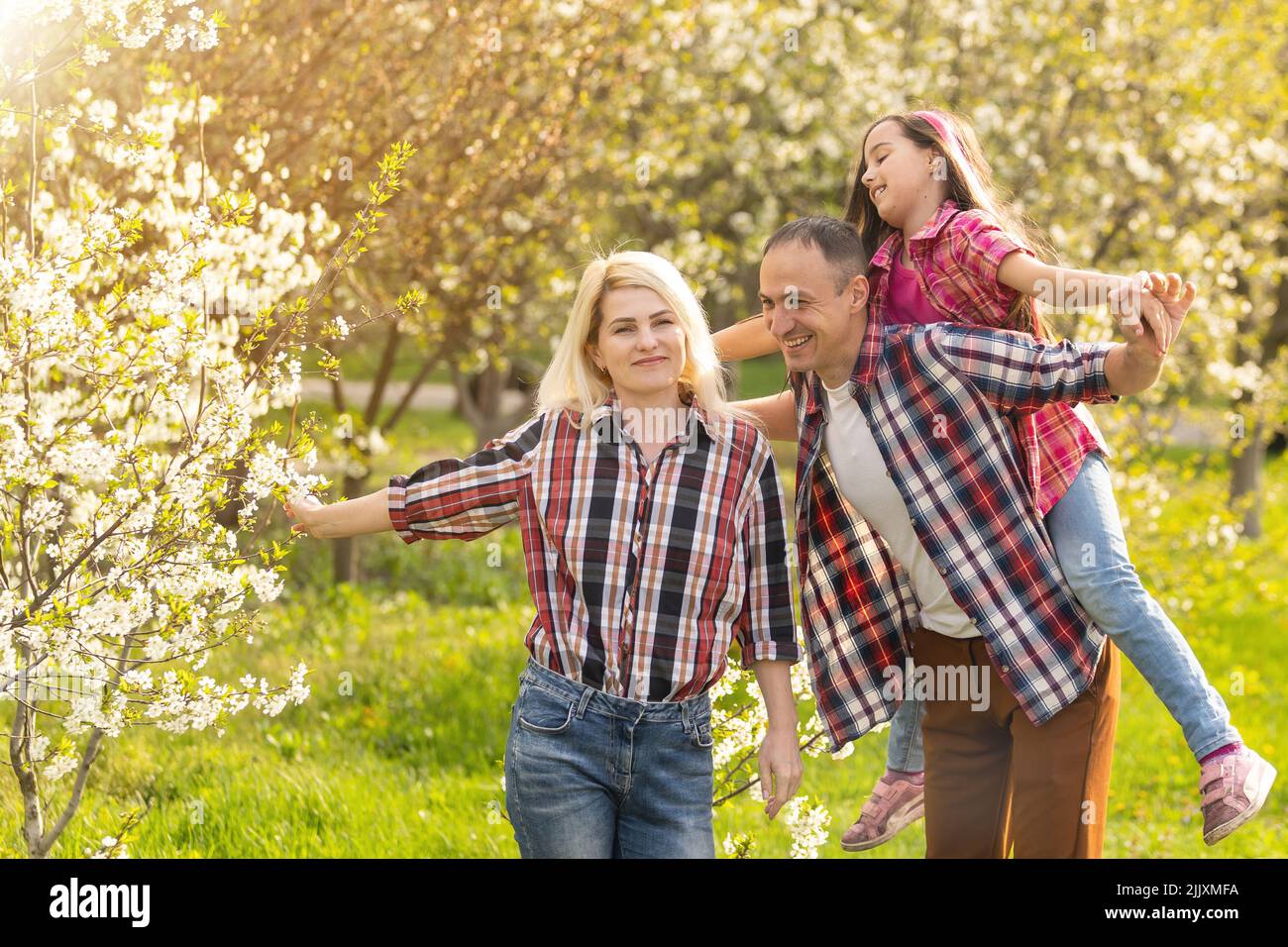Familie spazieren die Kirschbäume Stockfoto