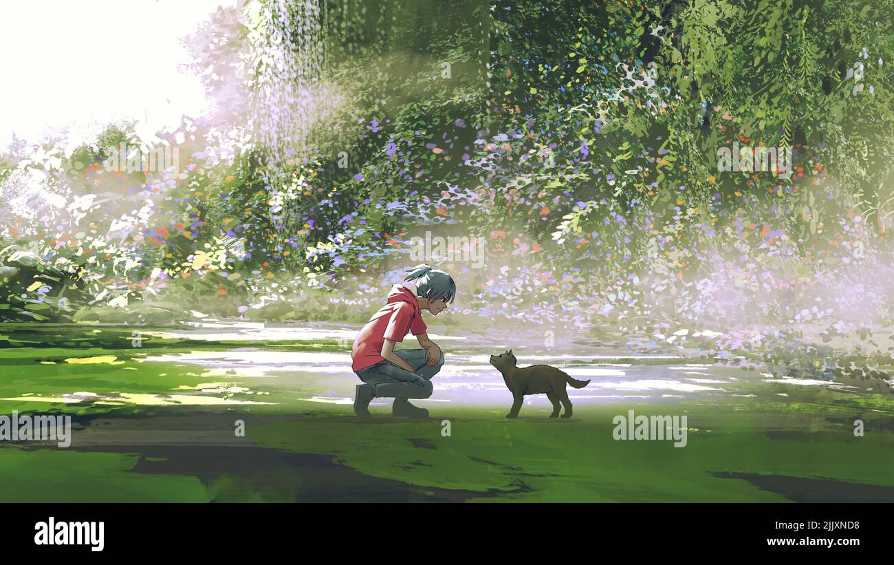 Teenage Boy sitzend und Blick auf einen Welpen, der im Wald verloren, digitale Kunst Stil, Illustration Malerei Stockfoto