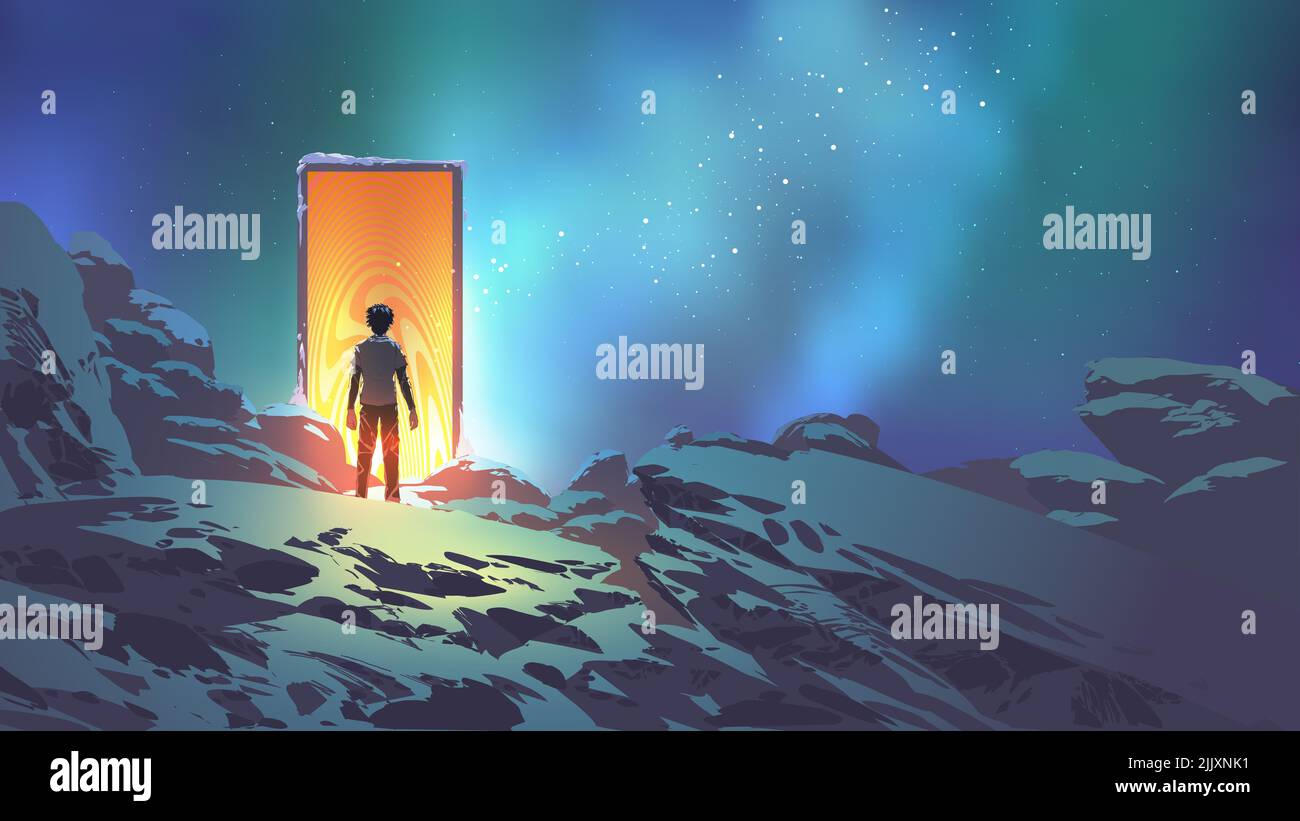 Mann, der vor der glühenden Tür steht, die in ein anderes Reich führt, digitaler Kunststil, Illustrationsmalerei Stockfoto