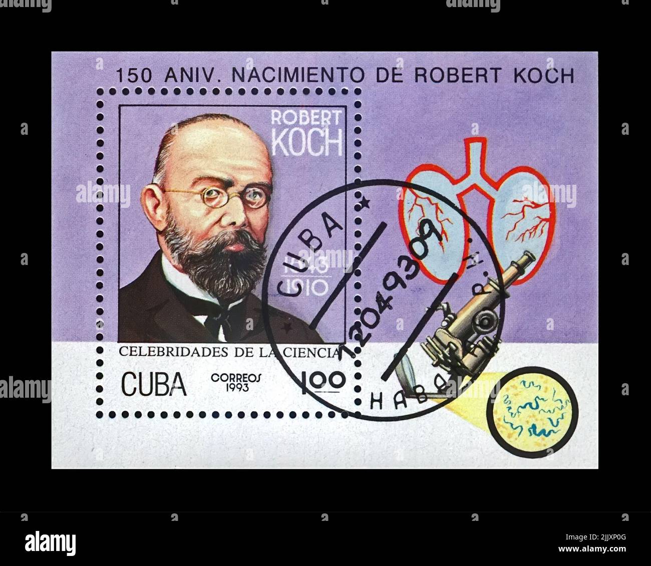 Robert Koch, 150.. Geburtstag des Tuberkulose-Wissenschaftlers, Forscher, um 1993. Vintage-Stempel von Kuba isoliert auf Schwarz Stockfoto