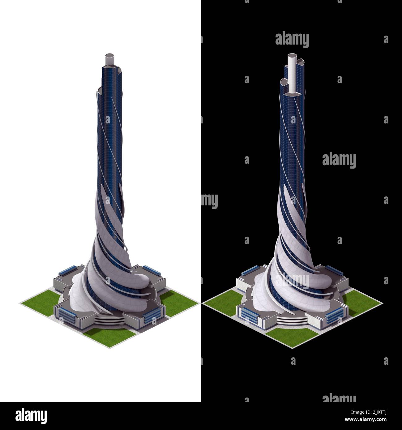 3D futuristische Architekturdarstellung für ein gefliestes Spiel, das in dimetrischer Projektion im 2:1-Pixel-Verhältnis dargestellt wird, mit einer orthographischen 30-Grad-Kamera von 2 ang Stockfoto