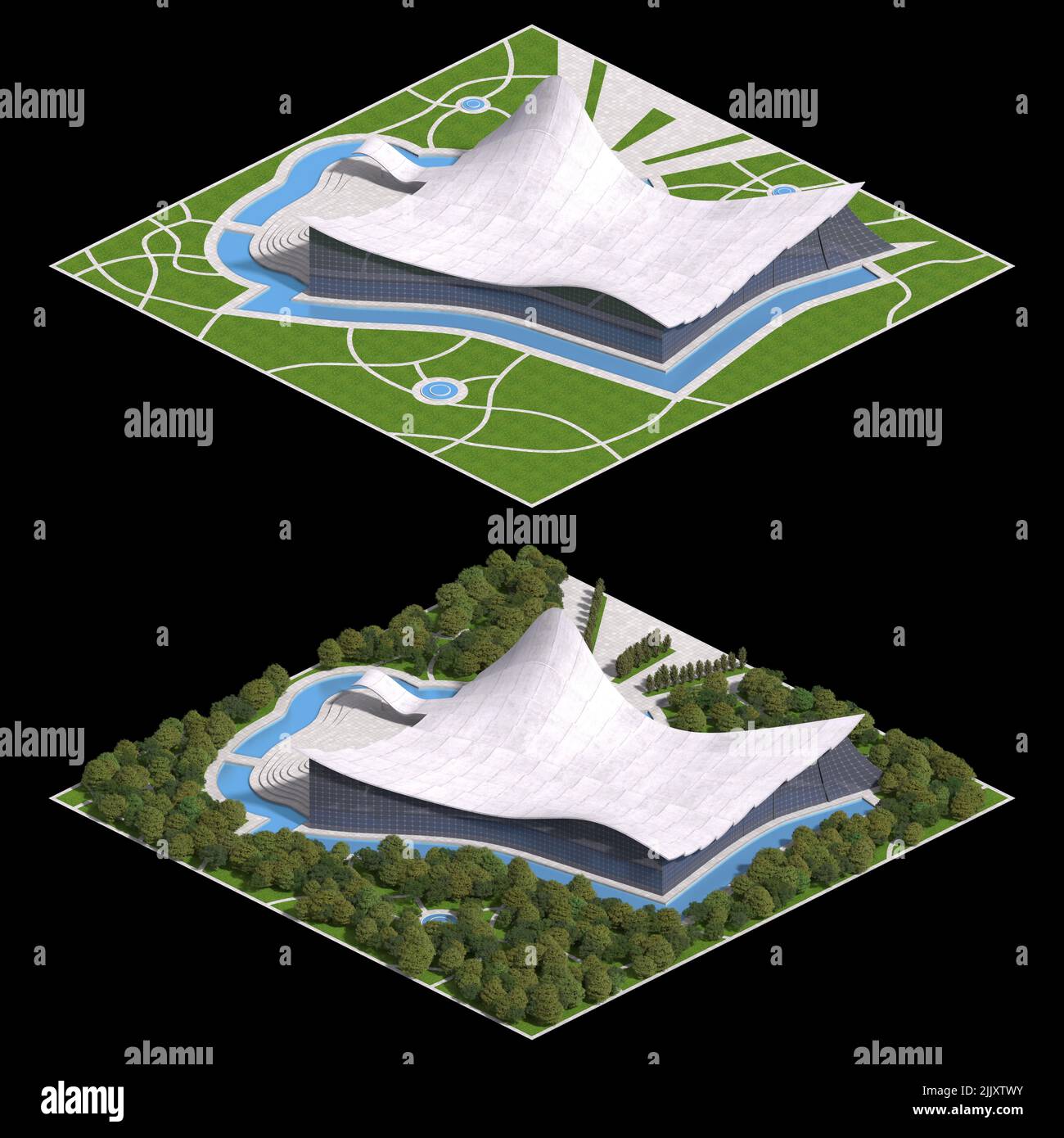 Futuristische Architektur für ein gefliestes Spiel in dimetrischer Projektion mit einer 30-Grad-orthographischen Kamera, mit und ohne Landschaft. Die Clippin Stockfoto