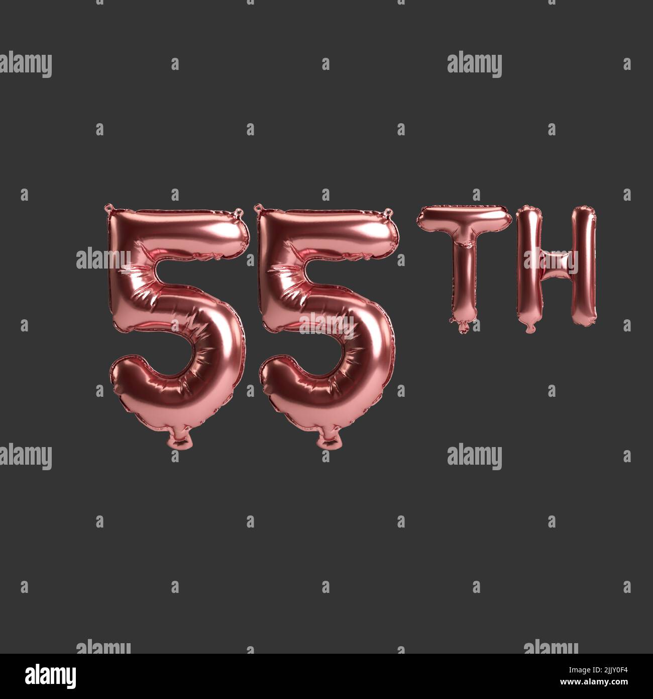 3D Illustration von 55. metallenen Rosenballons auf schwarzem Hintergrund Stockfoto