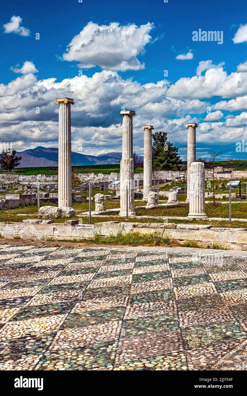 Das 'Haus des Dionysos' an der archäologischen Stätte des antiken Pella, Mazedonien, Griechenland. Stockfoto