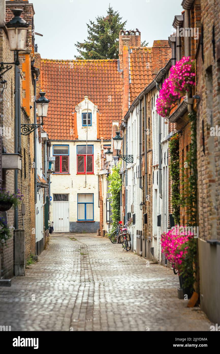 Straßenecke im schönen Brügge, flämische Architektur, Belgien Stockfoto