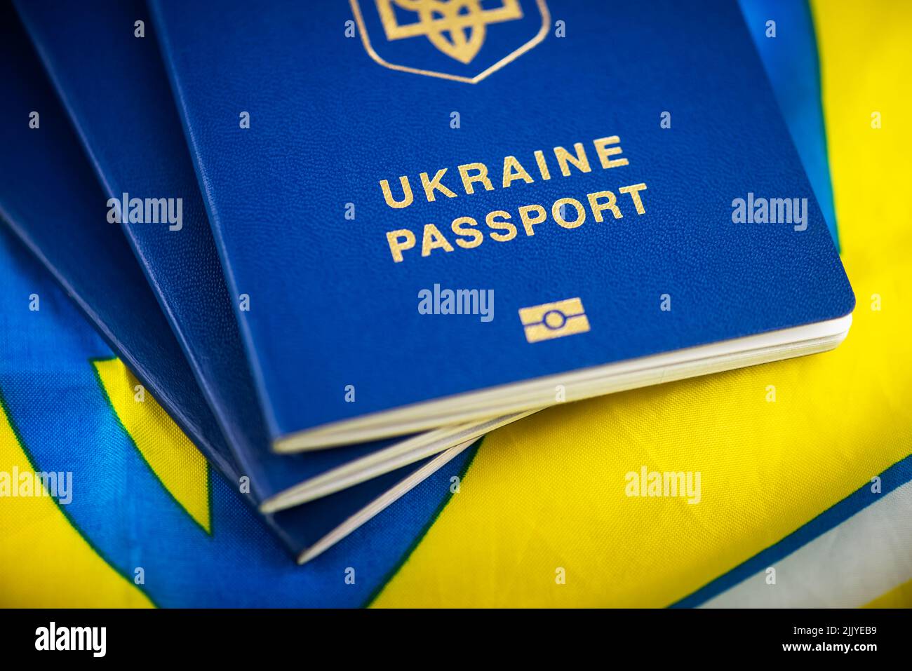 Ukrainische biometrische Pässe auf nationaler gelb-blauer Flagge Nahaufnahme. Makrofotografie Stockfoto