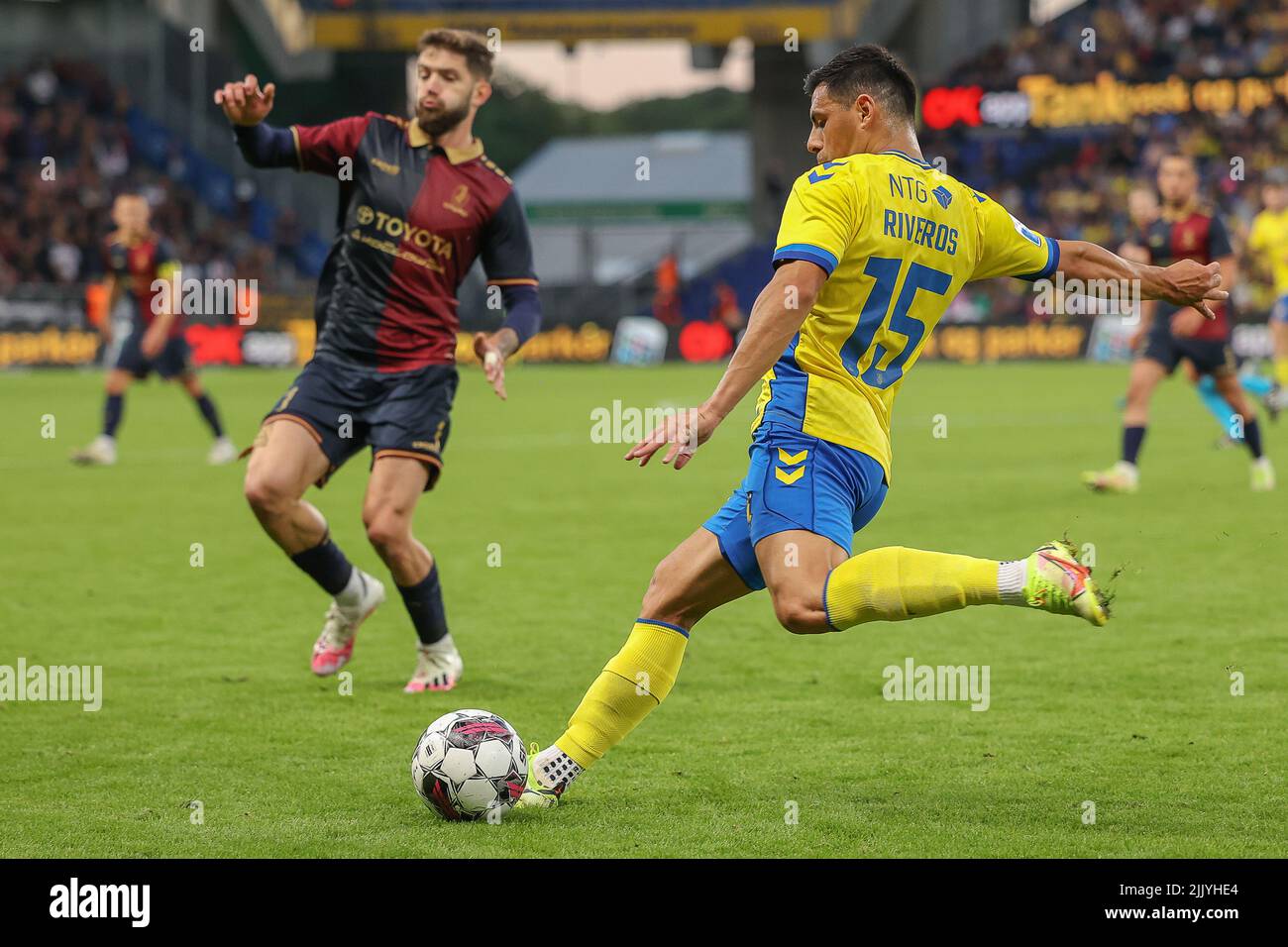 Broendby, Dänemark. 28.. Juli 2022. Blas Riveros (15) aus Broendby, WENN er während des Qualifikationsspiel der UEFA Europa Conference League zwischen Broendby IF und Pogon Stettin im Broendby Stadion in Broendby gesehen wurde. (Foto: Gonzales Photo/Alamy Live News Stockfoto