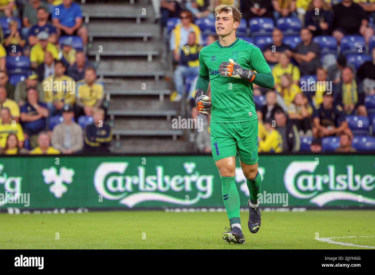 Broendby, Dänemark. 28.. Juli 2022. Torhüter Mads Hermansen (1) aus Broendby, WENN er während des Qualifikationsspiel der UEFA Europa Conference League zwischen Broendby IF und Pogon Stettin im Broendby Stadion in Broendby gesehen wurde. (Foto: Gonzales Photo/Alamy Live News Stockfoto