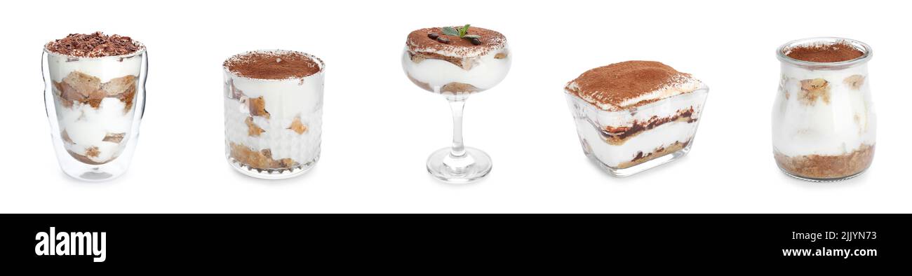 Sammlung von leckeren Tiramisu Dessert auf weißem Hintergrund Stockfoto