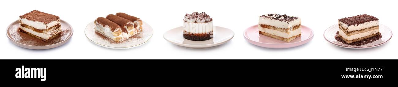 Collage von leckeren Tiramisu Dessert auf weißem Hintergrund Stockfoto