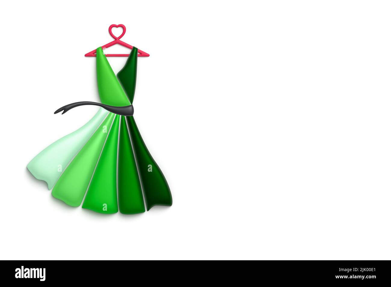 3D Illustration stilisiertes Kleid auf Love Heart Kleiderbügel, Seidenstoff, mit Kopierraum. Stockfoto