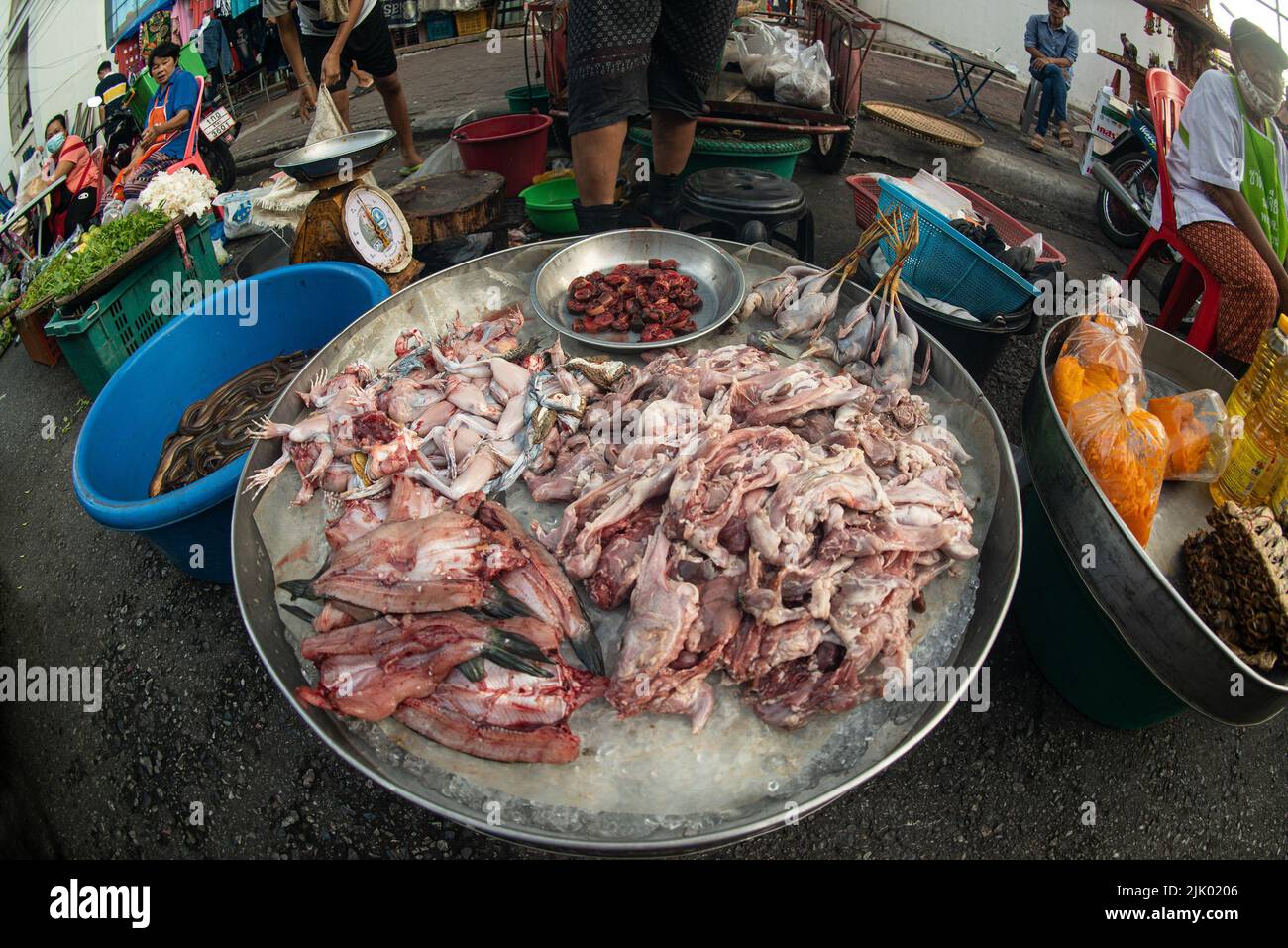 PHICHIT , THAILAND - AUGUST 29,2020 : nicht identifizierter Verkäufer Verkauf von tierischen Produkten für das Kochen von Lebensmitteln Verkauf auf dem Lebensmittelmarkt, Stockfoto