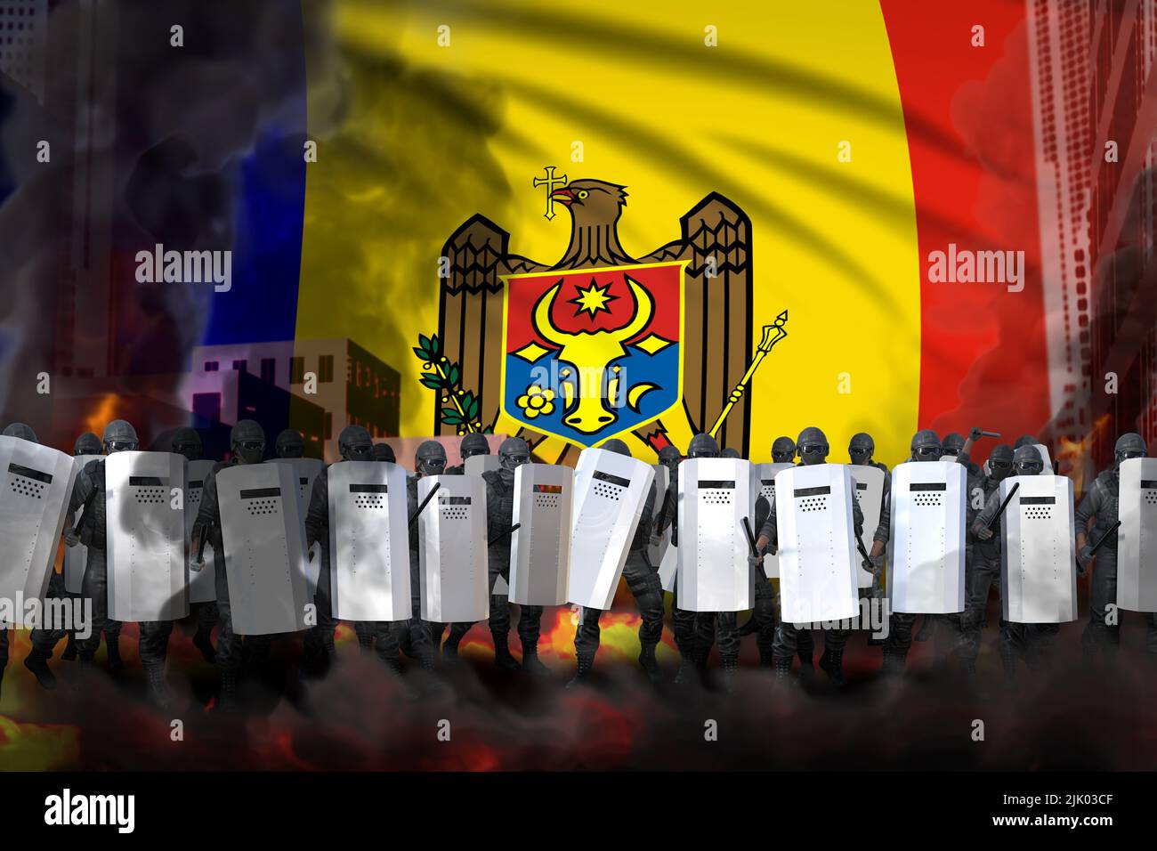 Moldawien Polizei swat auf Stadtstraße schützen friedliche Menschen vor Unordnung - Protestkampfkonzept, Militär 3D Illustration auf Flagge backgr Stockfoto