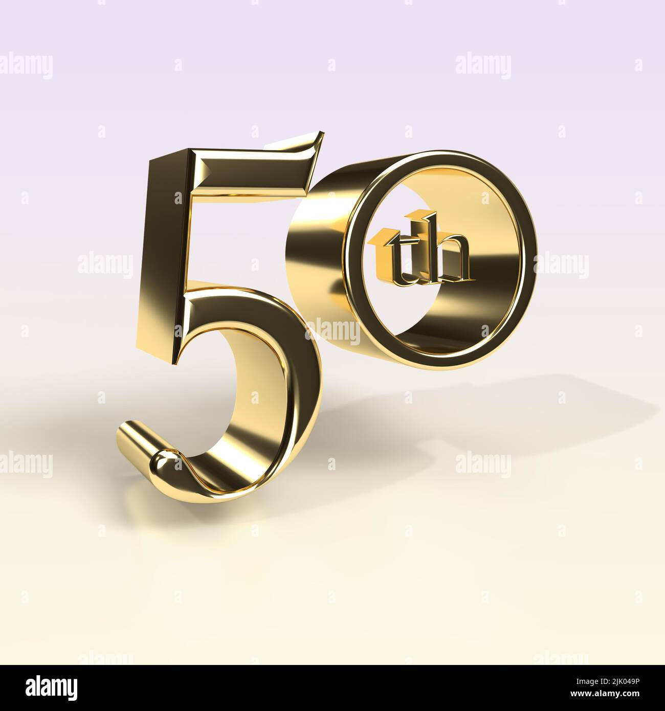Golden 50. 3D Render Text auf einem Iridesent Hintergrund. Stockfoto
