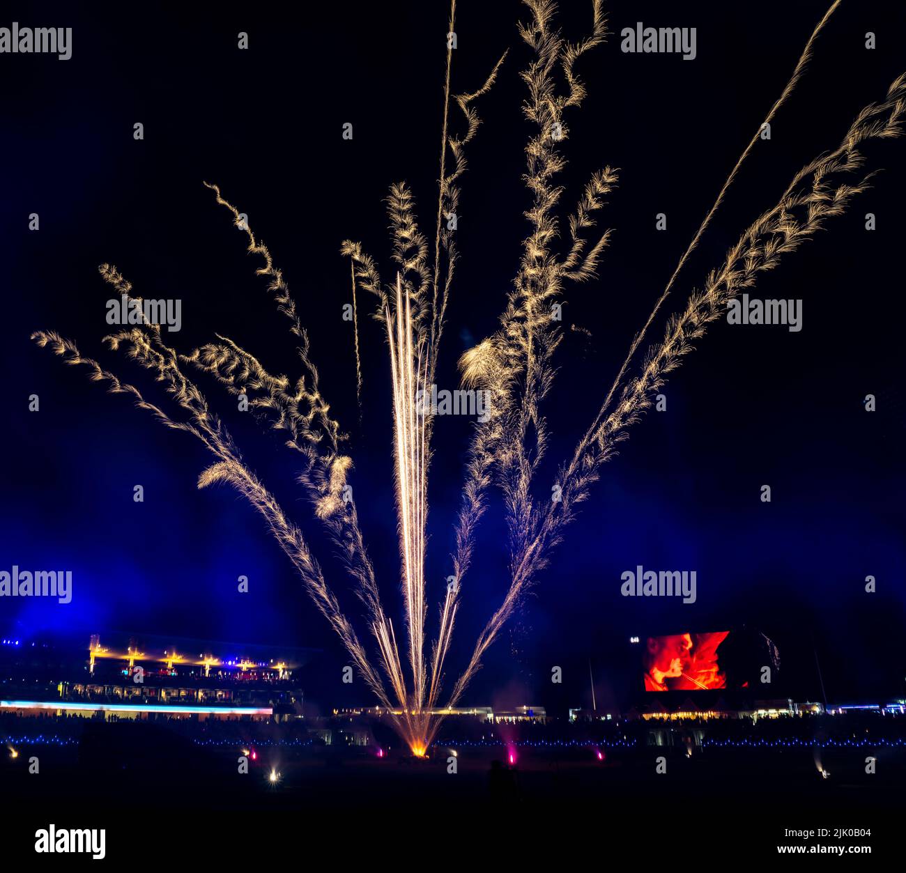 Das Feuerwerk, das den Nachthimmel im Sydney Olympic Park erhellt Stockfoto