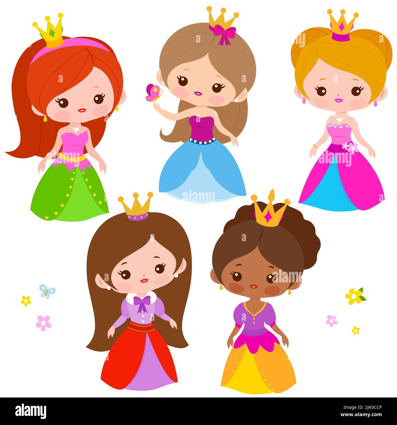 Schöne Prinzessinnen mit hübschen Kleidern. Illustrationssatz Stockfoto
