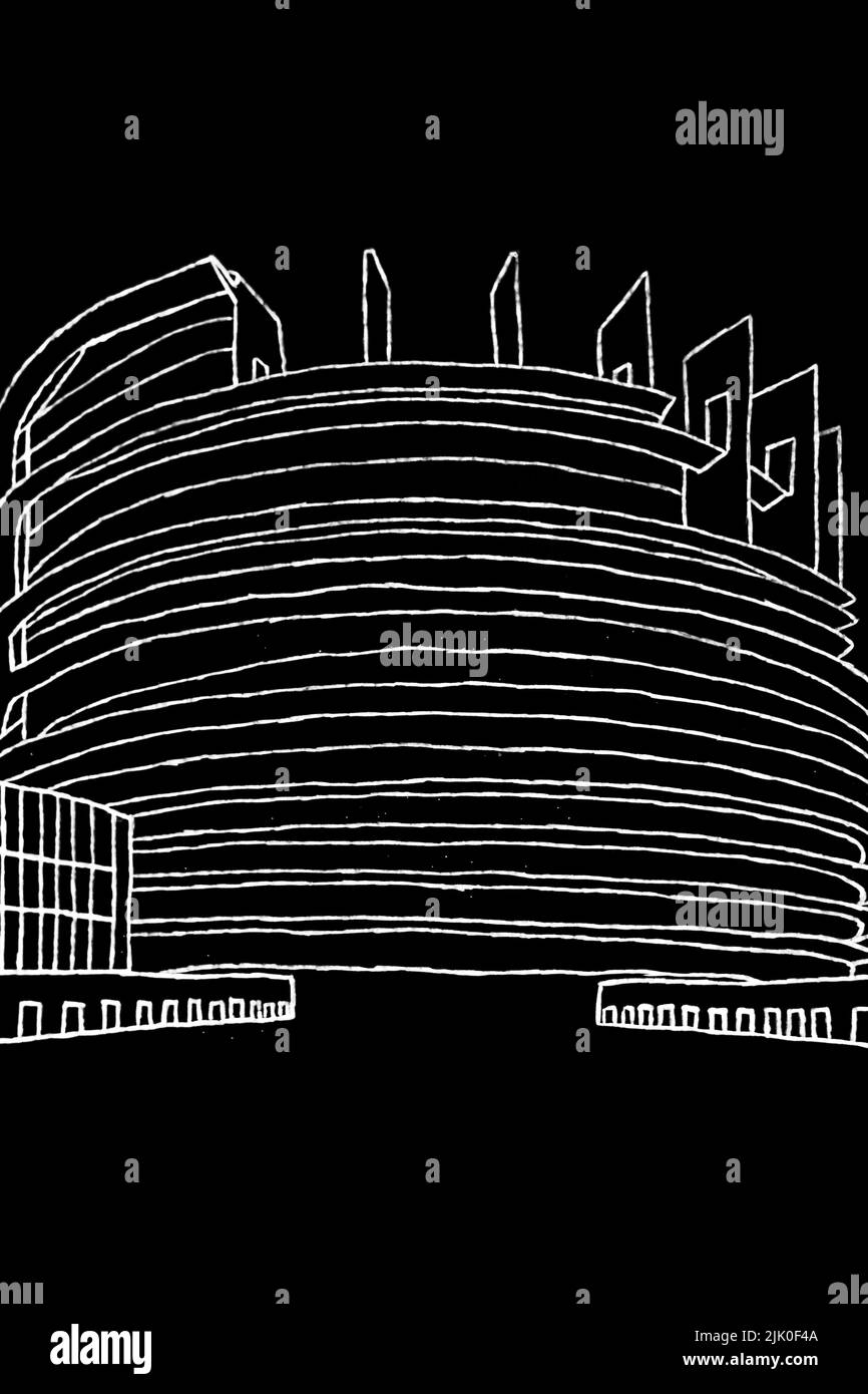 Frankreich, Straßburg, 2022-07-22. Abbildung des Sitzes des Europäischen Parlaments in Straßburg. Zeichnung und Reproduktion von Martin Bertrand. Frankreich Stockfoto