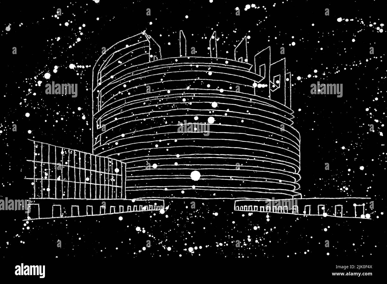 Frankreich, Straßburg, 2022-07-22. Abbildung des Sitzes des Europäischen Parlaments in Straßburg. Zeichnung und Reproduktion von Martin Bertrand. Frankreich Stockfoto