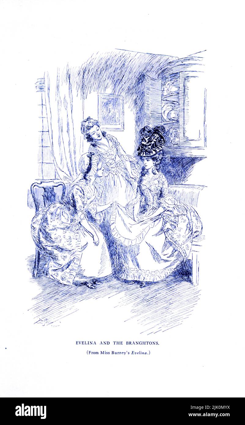 EVELINA UND DIE BRANGHTONS. Von Hugh Thomson (aus Miss Burneys Evelina.) aus dem Buch ' De libris : Prosa & Vers ' von Austin Dobson, Erscheinungsdatum 1908 Verlag London : Macmillan Stockfoto