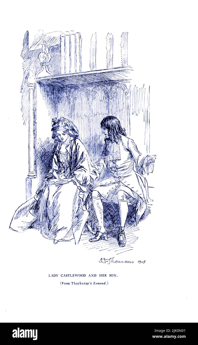 Lady Castlewood und ihr Sohn, von Hugh Thomson. Aus dem Cranford Esmond, 1905 aus dem Buch ' De libris : Prosa & Verse ' von Austin Dobson, Erscheinungsdatum 1908 Verlag London : Macmillan Stockfoto