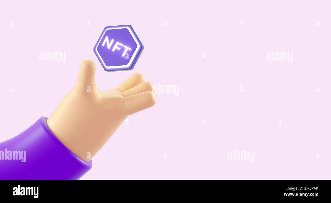 Isolierte Cartoon-Hand mit einem nicht fungiblen NFT-Token und Platz für eine Banner-Hintergrundvorlage in 3D Illustration. Kryptowährung, 2p2 Austausch A Stockfoto