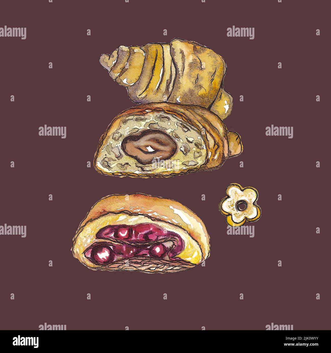 Aquarell handgezeichnete Illustrationen zwei frisch gebackene Croissants, ein Stück mit Schokolade und Kirschkuchen, isoliert auf dunklem Hintergrund Stockfoto