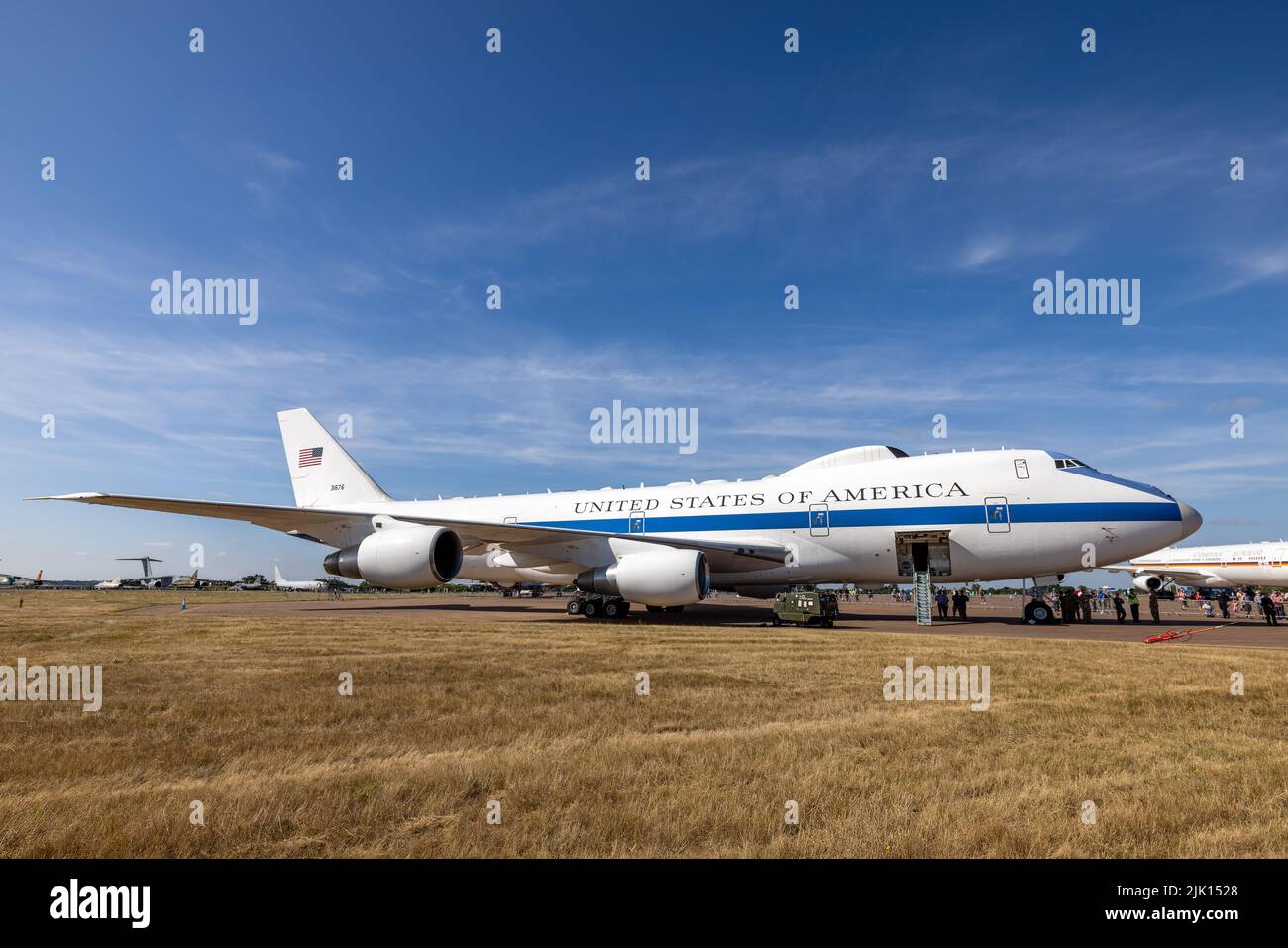 US Air Force Boeing E-4B Advanced Airborne Command Post „Doomsday Plane“ auf statischem Display beim Royal International Air Tattoo 2022 Stockfoto