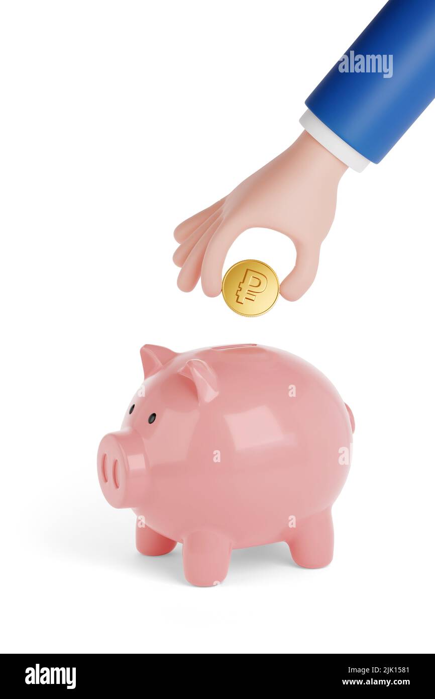 Cartoon-Hand, die eine Rubel-Münze in ein Sparschwein legt, das auf weißem Hintergrund isoliert ist. 3D Abbildung. Stockfoto