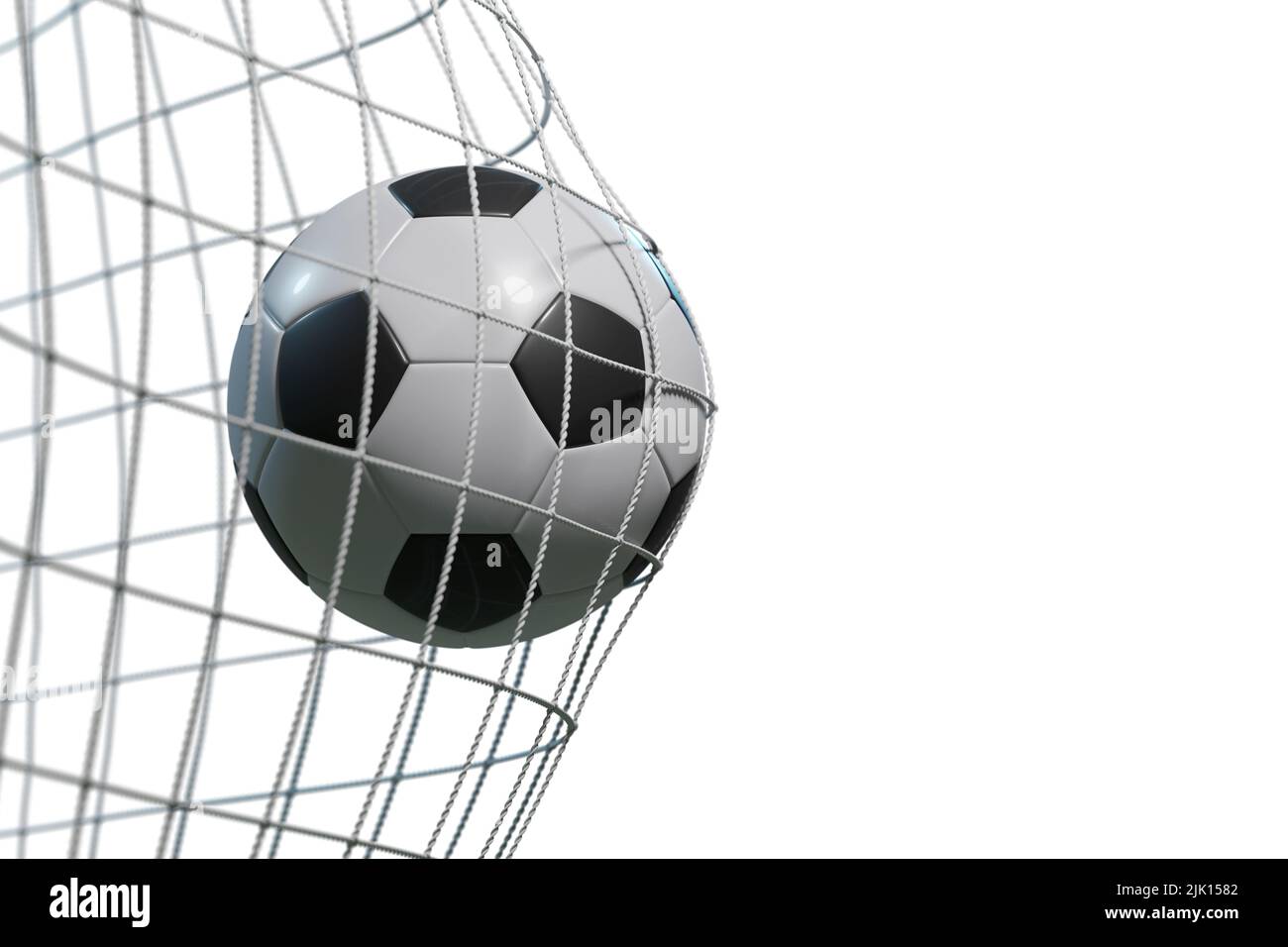 Fußball, erzielte das Tor und bewegt das Netz isoliert auf weißem Hintergrund. 3D Abbildung. Stockfoto