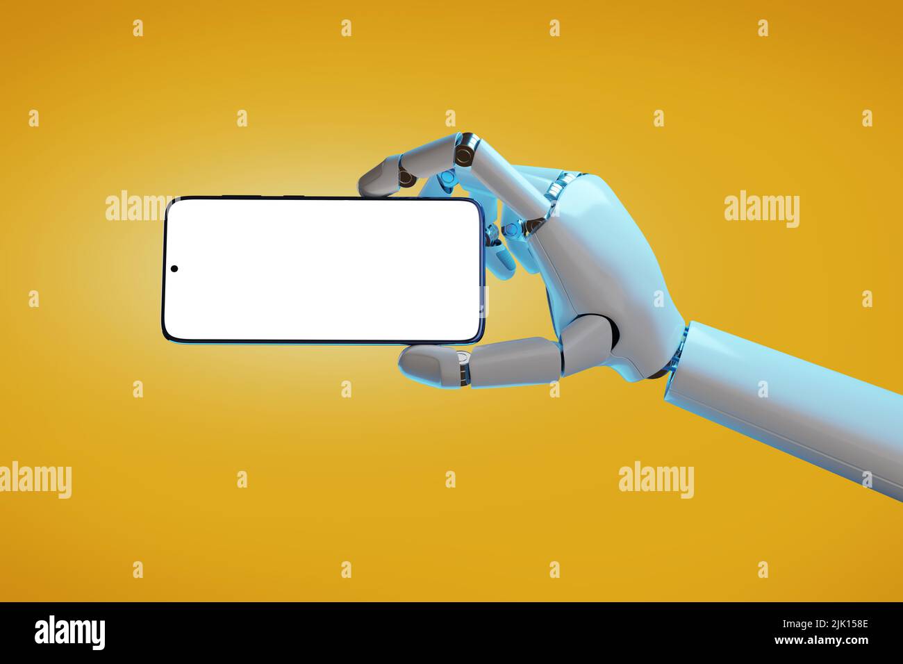 Roboterhand, die ein Mobiltelefon mit einem leeren Bildschirm in horizontaler Ausrichtung hält. 3D Abbildung. Stockfoto