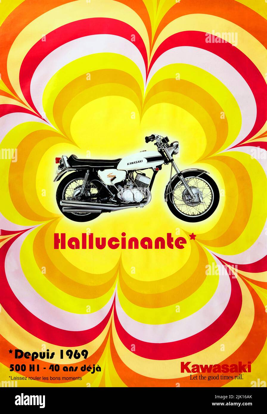 Kawasaki-Plakat für die Depuis 1969 für den französischen Markt Poster für das Jahr 1969 -‘Hallucinante’ (Mindblowing) Stockfoto