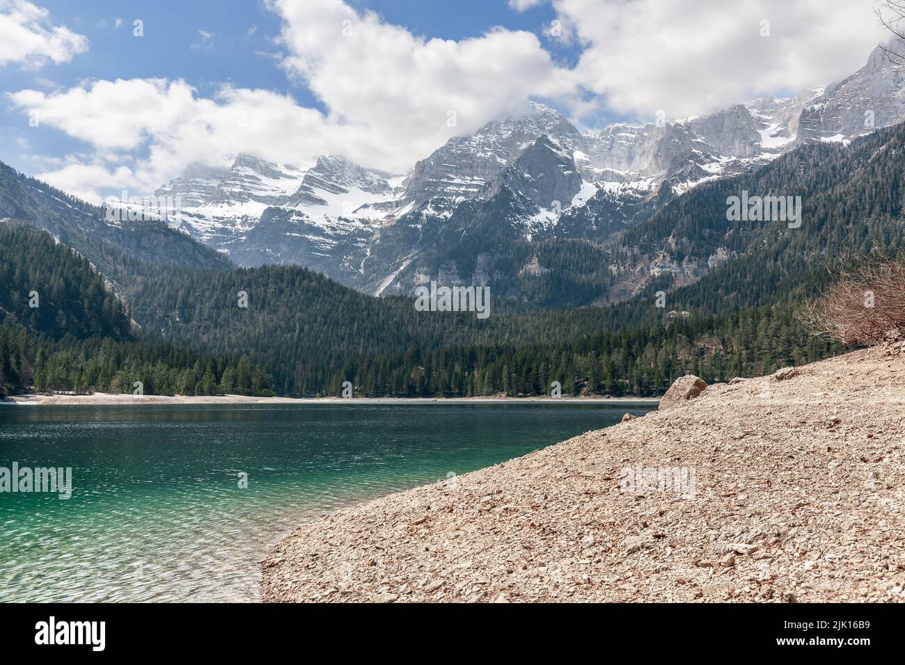 Sanft abfallendes Ufer eines hochalpinen Sees Tovel, abfallend zu smaragdgrünem Wasser mit Wellen, Ville d'Anaunia, Trentino, Italien Stockfoto