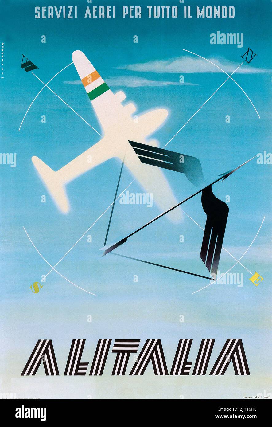 Vintage 1940s Airline Poster - ALITALIA / SERVIZI AEREI PER TUTTO IL MONDO. 1948. Stockfoto