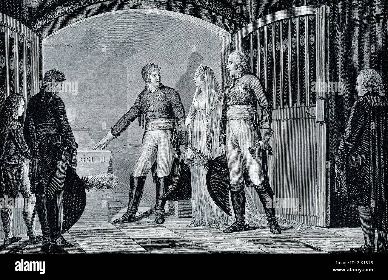 Die Legende von 1906 lautet: „ALEXANDERS EID AM GRAB FRIEDRICHS DES GROSSEN. – Alexander I., der durch den tragischen Tod Pauls Zar wurde, trat Österreich und Preußen bei, um sich Napoleon zu widersetzen. Mit Louise und Friedrich Wilhelm, den preußischen Herrschern, ging er in das Grab des preußischen Helden Friedrich des Großen hinab, und dort schwor der König mit feierlichem Enthusiasmus, gemeinsam gegen die französische Aggression zu stehen.“ Alexander I. war von 1801 bis zu seinem Tod 1825 Kaiser von Russland. Stockfoto