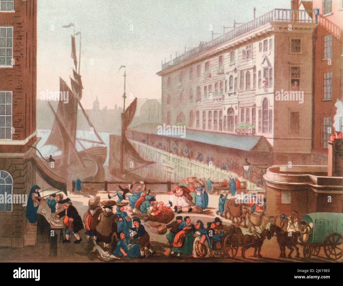 Billingsgate Fish Market c1808-1810. Ein Druck aus dem 'Mikrokosmos von London', von William Henry Pyne (1770-1843). Illustriert von Thomas Rowlandson (1756-1827) und Auguste Charles Pugin (1762-1832). Es gab einen Fischmarkt auf Billingsgate Wharf bereits im 16.. Jahrhundert, aber es wurde nicht formell etabliert, bis ein Gesetz des Parlaments im Jahr 1699. Hier zeigt Rowlandson den ursprünglichen Open-Air-Fischmarkt von Billingsgate aus dem frühen 19.. Jahrhundert. Stockfoto